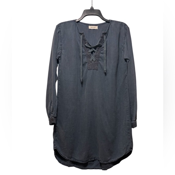 BELLA DAHL Navy Blue Dress with Lace Up Detail and Roll Up Sleeves - Picture 1 of 11